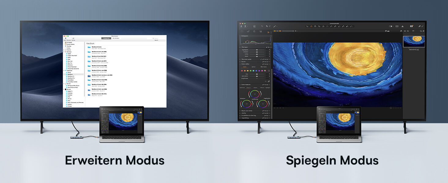 Vergleich der beiden Anzeigemodi: erweiterter Desktop und gespiegeltes Bild