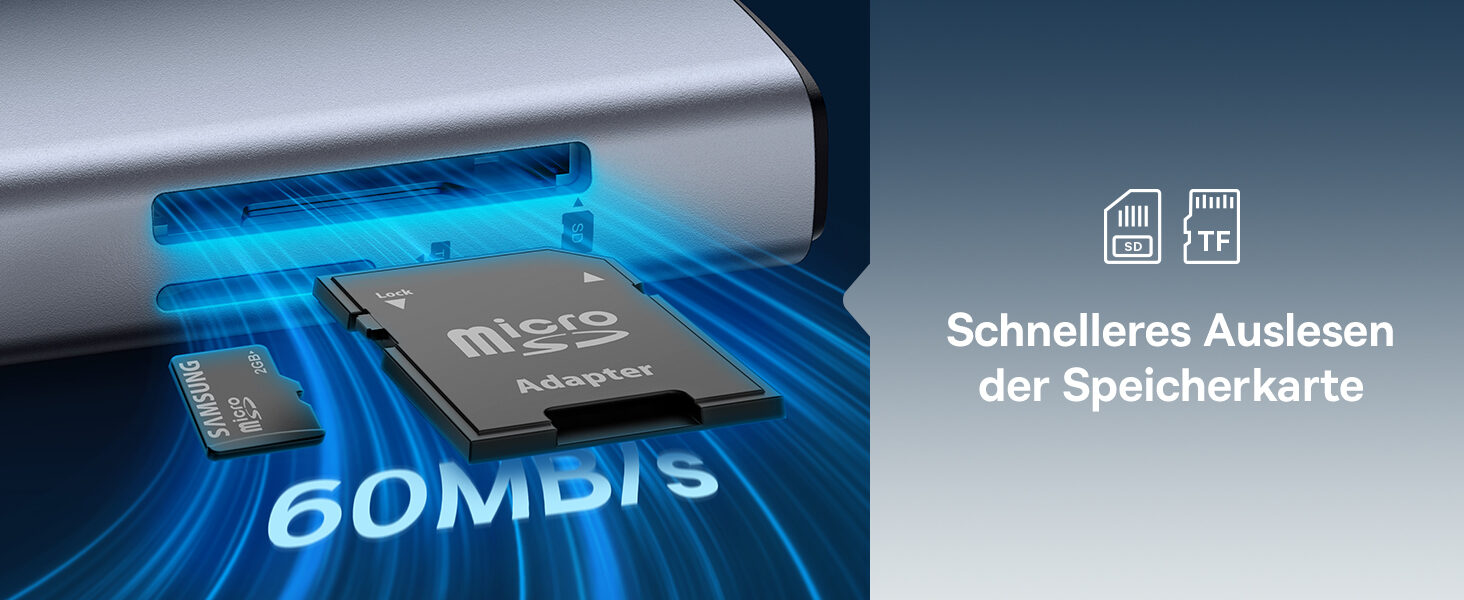 microSD-Karte mit Adapter am Kartenleser des Hubs, bis 60 MB/s