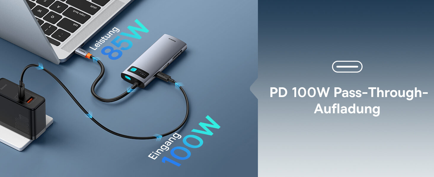 Hub zwischen Netzteil und Laptop: 100 W Eingang, 85 W Ladeleistung an den Laptop