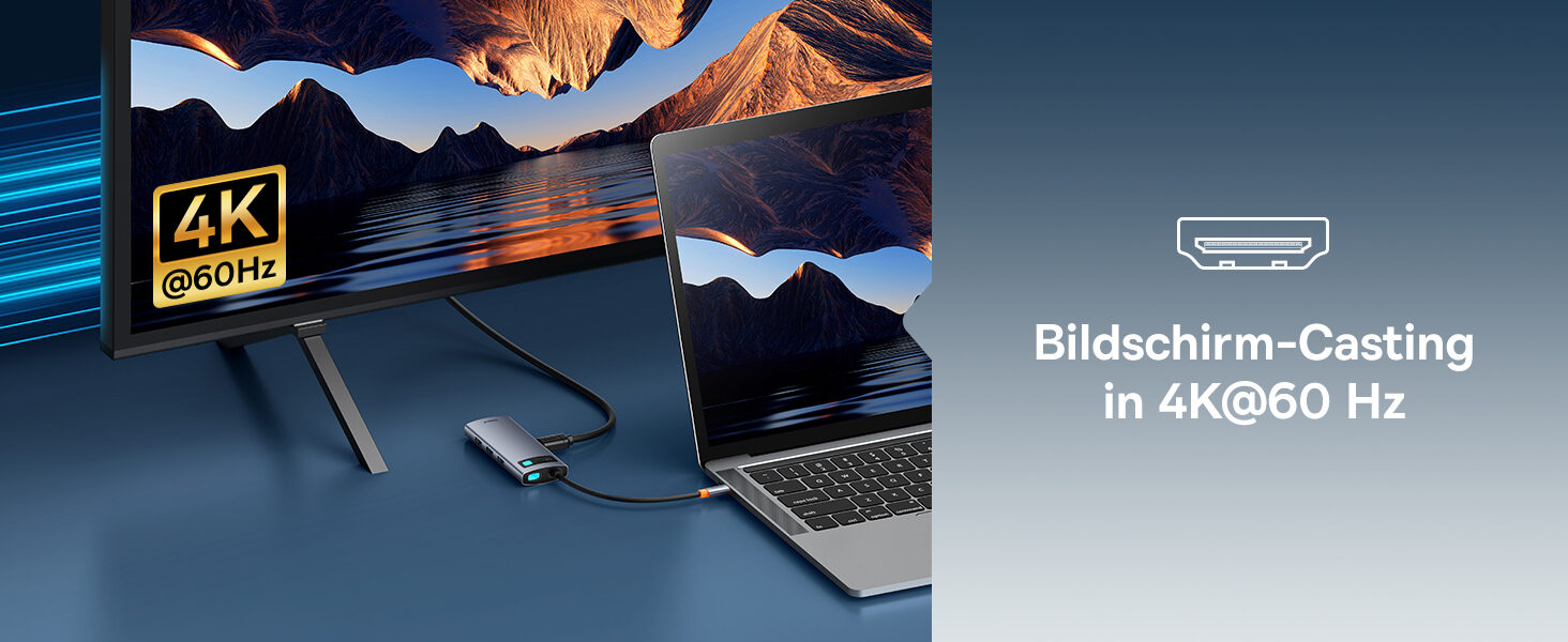 Laptop spiegelt sein Bild ueber den Hub in 4K bei 60 Hz auf einen Fernseher