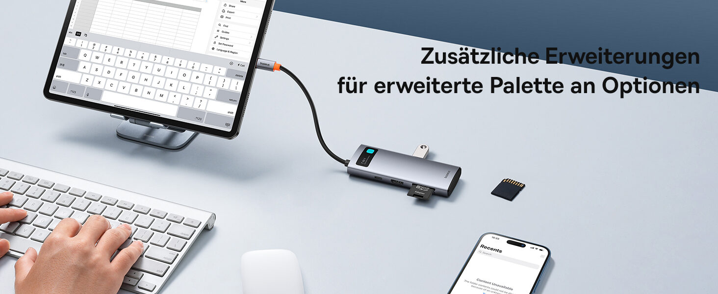 Tablet mit dem Hub, daran Tastatur, Maus und Speicherkarte