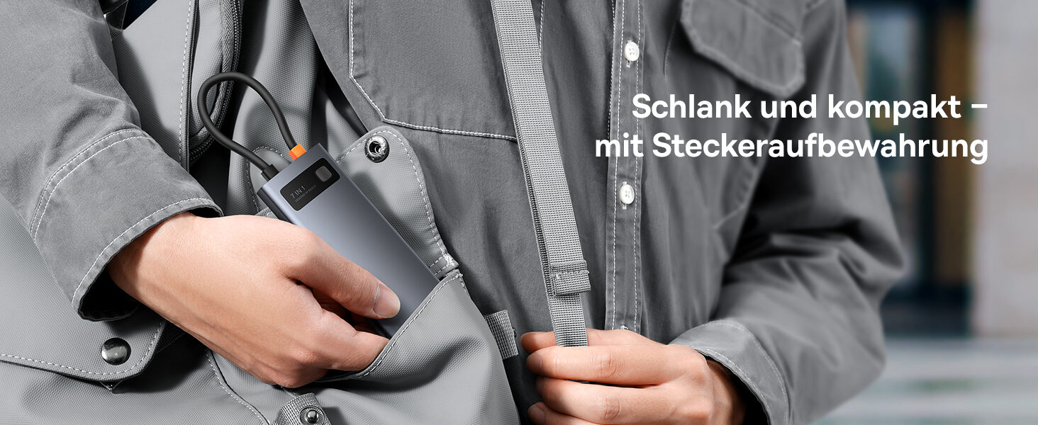 Hub mit eingeklipptem Stecker in der Jackentasche
