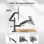 Bewegungsbereich: maximale Hoehe 64 cm, Verlaengerung bis 55 cm, Drehung 360 Grad an Saeule und Arm, 180 Grad an der VESA-Platte, Neigung plus 80 bis minus 35 Grad