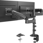 Schwarze Doppelarm-Monitorhalterung mit Gasfeder, zwei Monitore an einer Saeule, daneben beide Montagearten