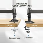 Zwei Montagearten im Schnitt: Oesenbohrung und C-Klemme, jeweils fuer Tischplatten von 1 bis 9 cm
