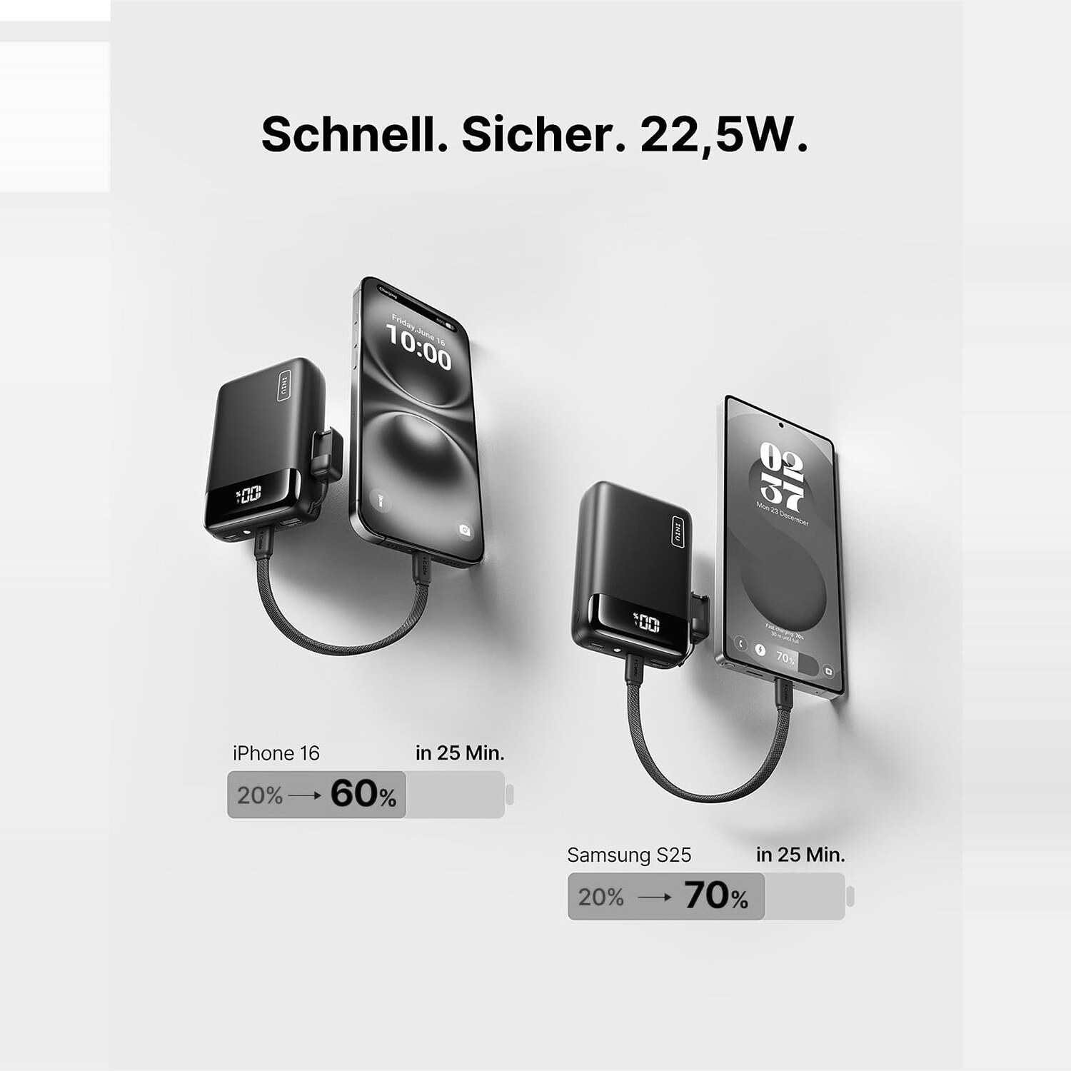 Ladezeiten: iPhone von 20 auf 60 Prozent in 25 Minuten, Samsung von 20 auf 70 Prozent in 25 Minuten