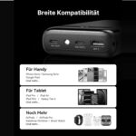 Zwei USB-C-Anschluesse fuer Ein- und Ausgang, ein USB-A-Ausgang und eine Uebersicht kompatibler Geraete
