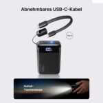 Abnehmbares 12 Zentimeter langes USB-C-Kabel und die eingebaute Notfall-Taschenlampe