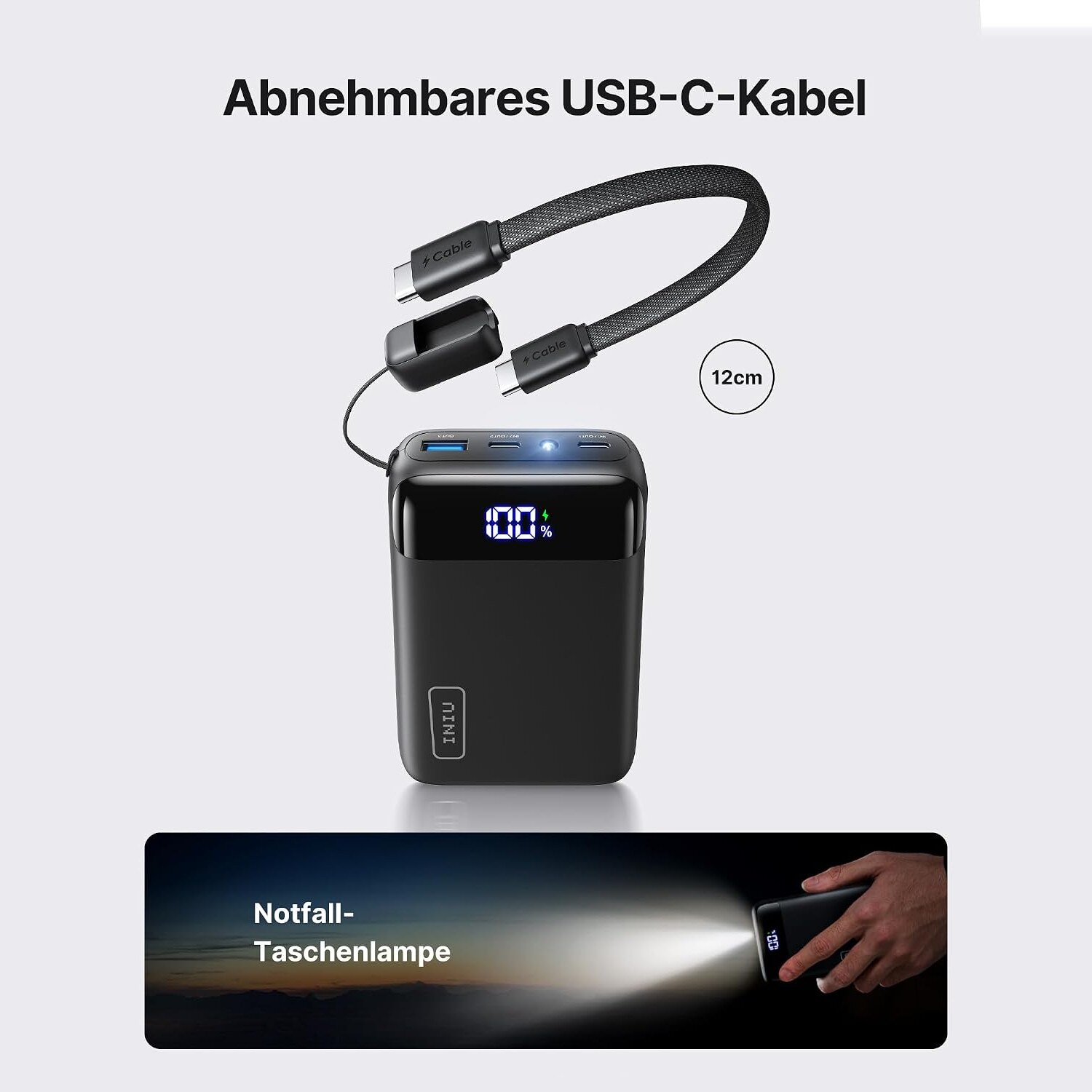 Abnehmbares 12 Zentimeter langes USB-C-Kabel und die eingebaute Notfall-Taschenlampe