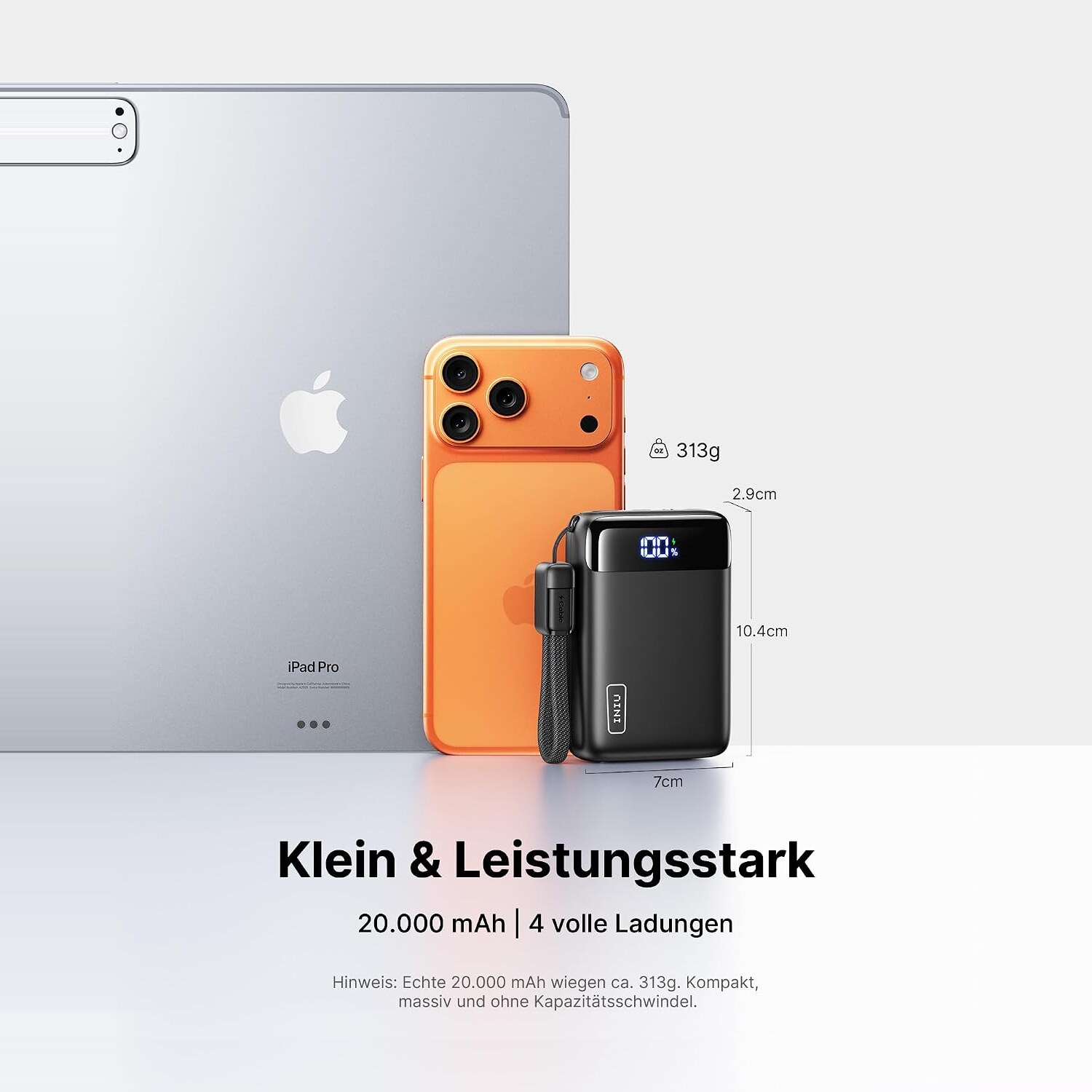 Groessenvergleich mit Tablet und Smartphone, Angaben 313 Gramm sowie 10,4 mal 7 mal 2,9 Zentimeter