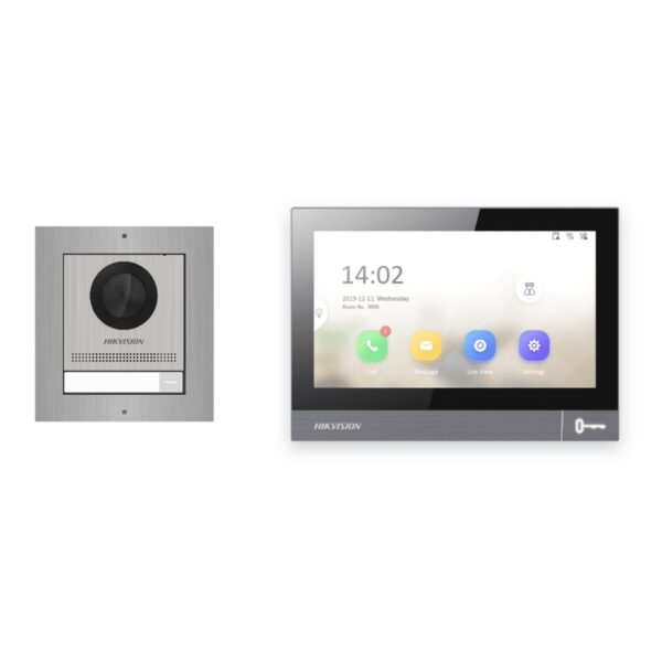 IP-PoE Video-Türsprechanlage Set · 1-Modul Aufputz Edelstahl · 1× Monitor – Türstation, Innenstation und Smartphone-App