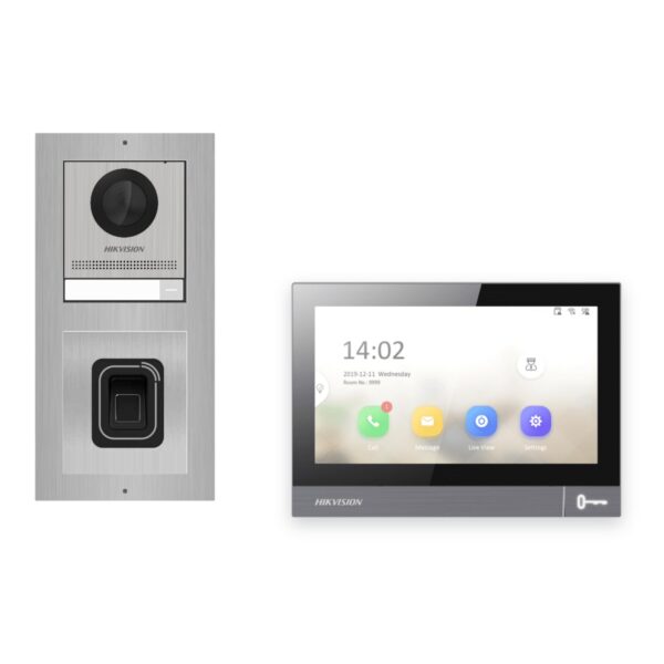 IP-PoE Video-Türsprechanlage Set · 2-Modul Aufputz Edelstahl · Fingerprint · 1× Monitor – Türstation, Innenstation und Smartphone-App