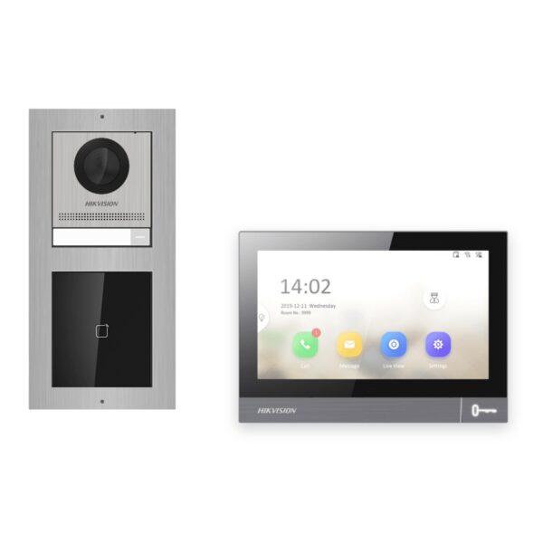 IP-PoE Video-Türsprechanlage Set · 2-Modul Aufputz Edelstahl · Kartenleser · 1× Monitor – Türstation, Innenstation und Smartphone-App