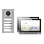 IP-PoE Video-Türsprechanlage Set · 2-Modul Aufputz Edelstahl · Klingel · 2× Monitor – Türstation, Innenstation und Smartphone-App