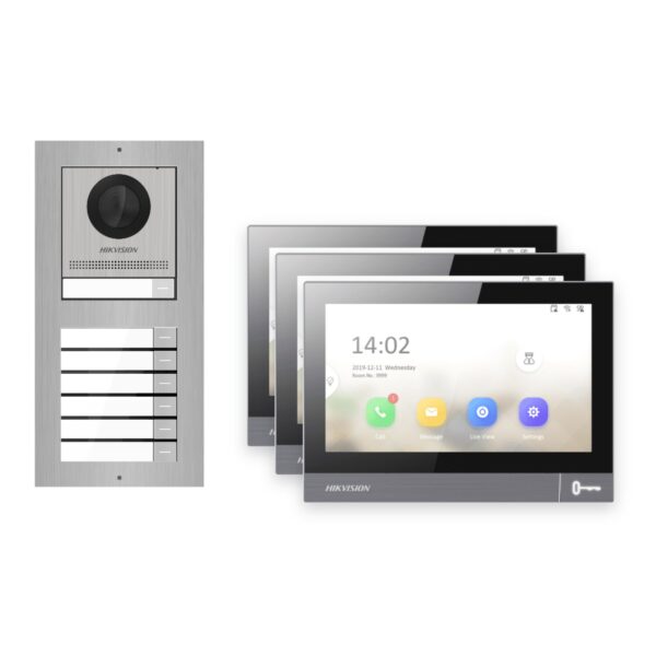 IP-PoE Video-Türsprechanlage Set · 2-Modul Aufputz Edelstahl · Klingel · 3× Monitor – Türstation, Innenstation und Smartphone-App