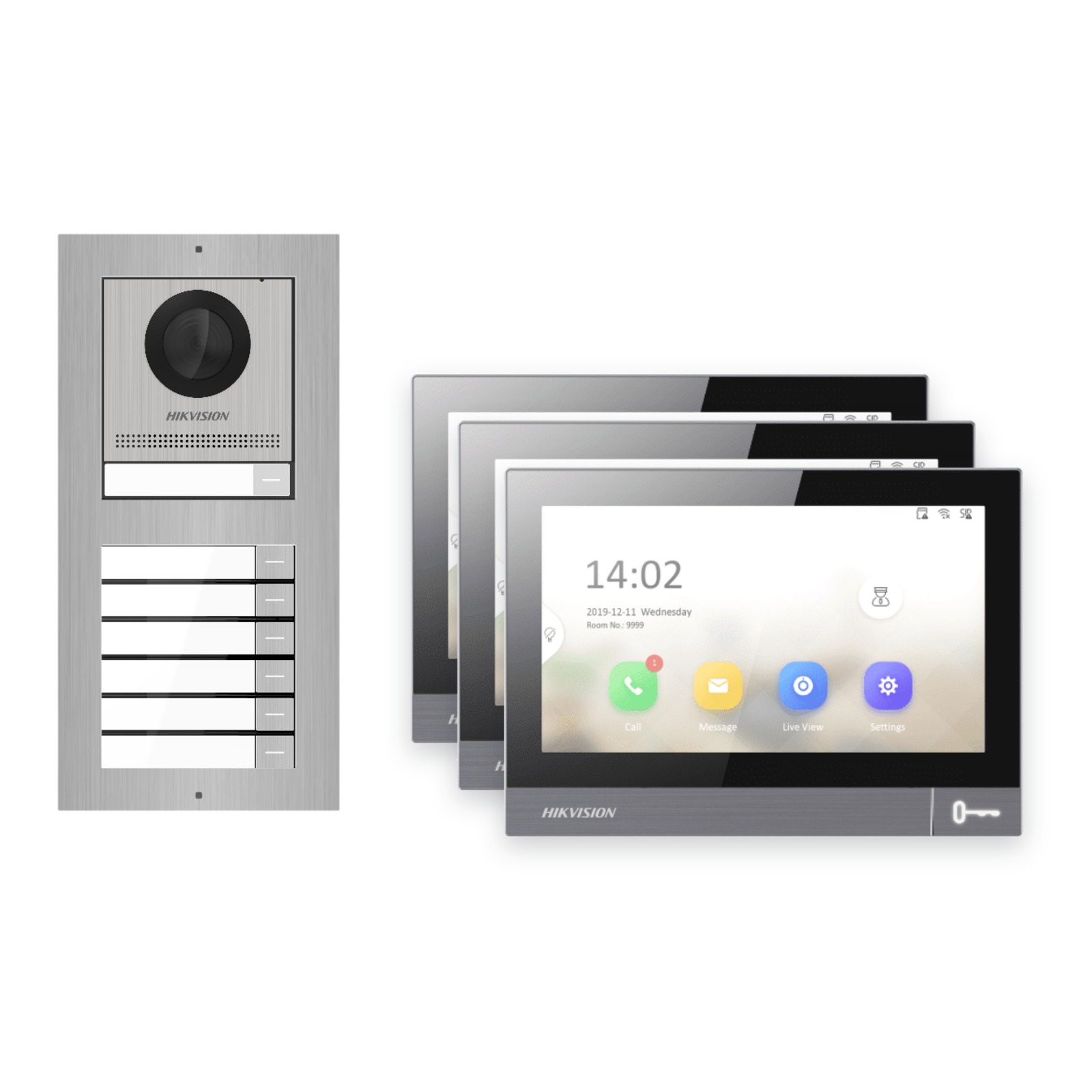 IP-PoE Video-Türsprechanlage Set · 2-Modul Aufputz Edelstahl · Klingel · 3× Monitor – Türstation, Innenstation und Smartphone-App