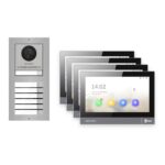 IP-PoE Video-Türsprechanlage Set · 2-Modul Aufputz Edelstahl · Klingel · 4× Monitor – Türstation, Innenstation und Smartphone-App