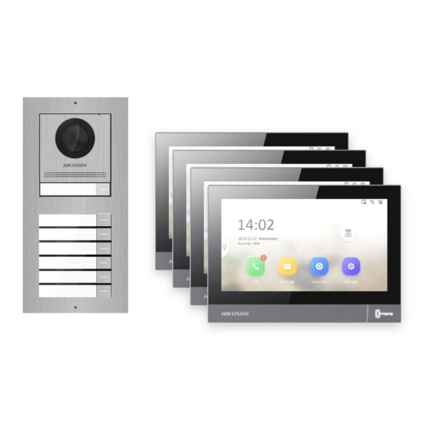 IP-PoE Video-Türsprechanlage Set · 2-Modul Aufputz Edelstahl · Klingel · 4× Monitor – Türstation, Innenstation und Smartphone-App