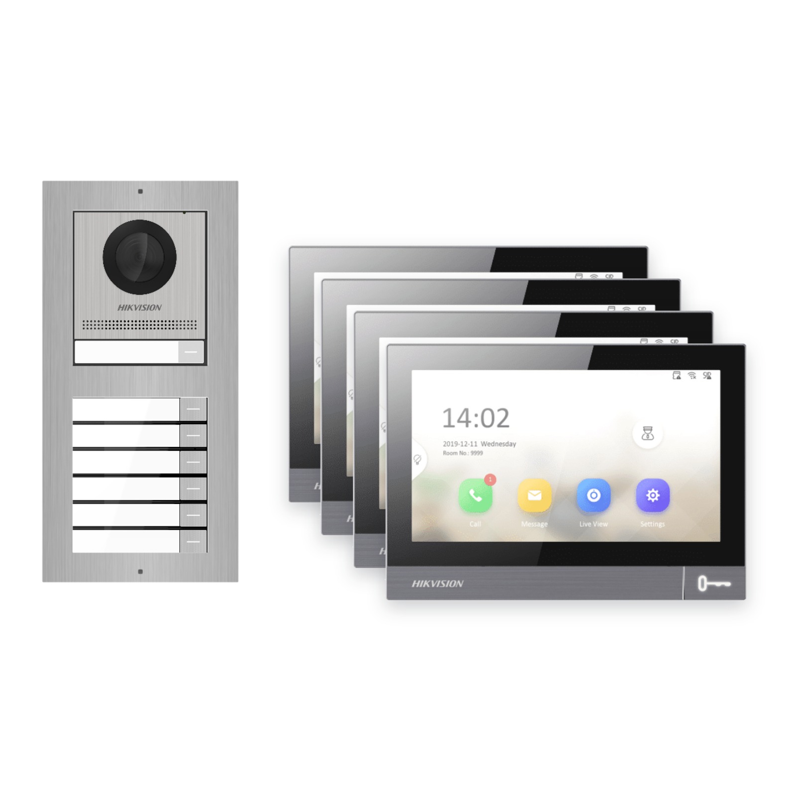 IP-PoE Video-Türsprechanlage Set · 2-Modul Aufputz Edelstahl · Klingel · 4× Monitor – Türstation, Innenstation und Smartphone-App