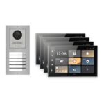 Hikvision PoE Video-Türsprechanlage 4-Familienhaus – Komplett-Set Edelstahl, DS-KH9570-WTE1/S, Aufputz – Türstation und Innenstation