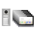 IP-PoE Video-Türsprechanlage Set · 2-Modul Aufputz Edelstahl · Klingel · 5× Monitor – Türstation, Innenstation und Smartphone-App
