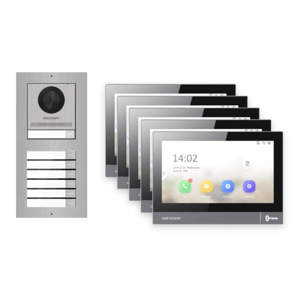 IP-PoE Video-Türsprechanlage Set · 2-Modul Aufputz Edelstahl · Klingel · 5× Monitor – Türstation, Innenstation und Smartphone-App
