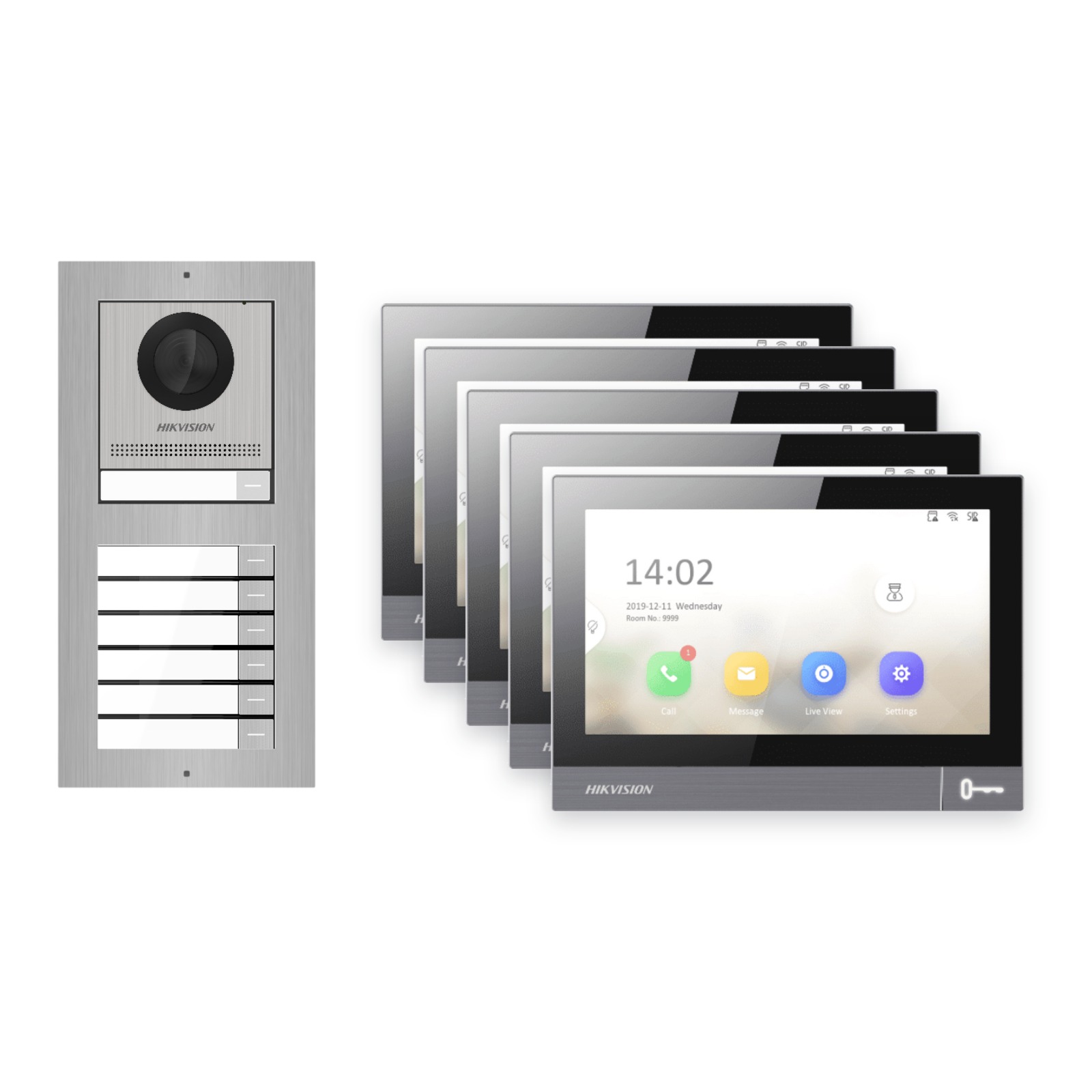 IP-PoE Video-Türsprechanlage Set · 2-Modul Aufputz Edelstahl · Klingel · 5× Monitor – Türstation, Innenstation und Smartphone-App
