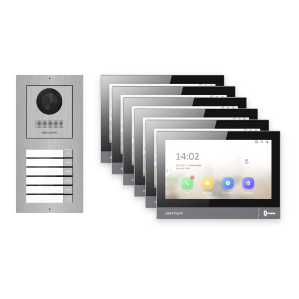 Hikvision PoE Video-Türsprechanlage 6-Familienhaus – Komplett-Set Edelstahl, DS-KH8381-WTE1, Aufputz – Türstation und Innenstation
