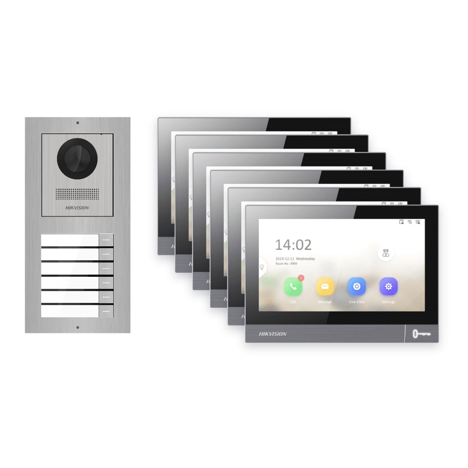 Hikvision PoE Video-Türsprechanlage 6-Familienhaus – Komplett-Set Edelstahl, DS-KH8381-WTE1, Aufputz – Türstation und Innenstation
