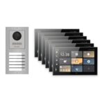 Hikvision PoE Video-Türsprechanlage 6-Familienhaus – Komplett-Set Edelstahl, DS-KH9570-WTE1/S, Aufputz – Türstation und Innenstation