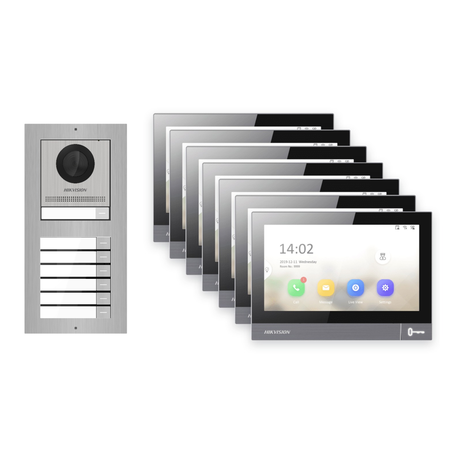 Hikvision PoE Video-Türsprechanlage 7-Familienhaus – Komplett-Set Edelstahl, DS-KH8381-WTE1, Aufputz – Türstation und Innenstation
