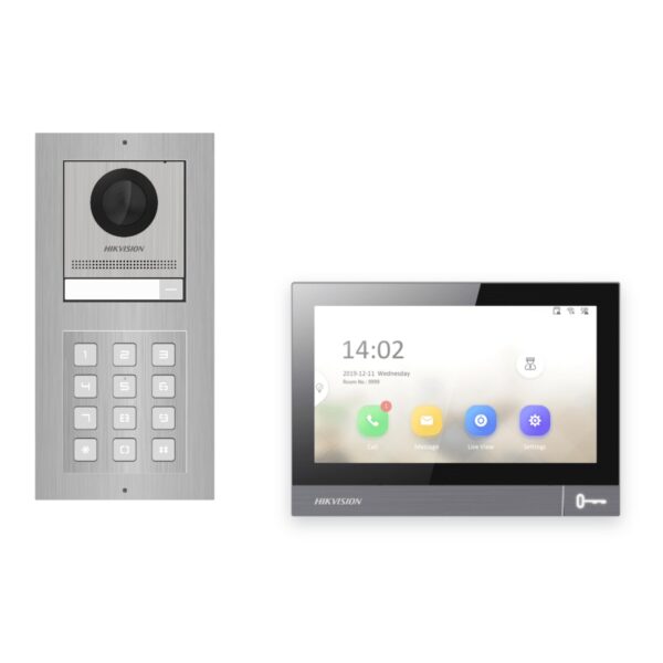 IP-PoE Video-Türsprechanlage Set · 2-Modul Aufputz Edelstahl · Tastatur · 1× Monitor – Türstation, Innenstation und Smartphone-App