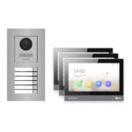 Hikvision PoE Video-Türsprechanlage 3-Familienhaus – Komplett-Set Edelstahl, DS-KH8381-WTE1, Unterputz – Türstation und Innenstation