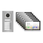 Hikvision PoE Video-Türsprechanlage 7-Familienhaus – Komplett-Set Edelstahl, DS-KH6350-WTE1, Unterputz – Türstation und Innenstation