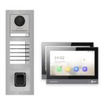 IP-PoE Video-Türsprechanlage Set · 3-Modul Aufputz Edelstahl · Klingel + Fingerprint · 2× Monitor – Türstation, Innenstation und Smartphone-App