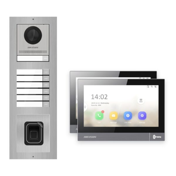 IP-PoE Video-Türsprechanlage Set · 3-Modul Aufputz Edelstahl · Klingel + Fingerprint · 2× Monitor – Türstation, Innenstation und Smartphone-App