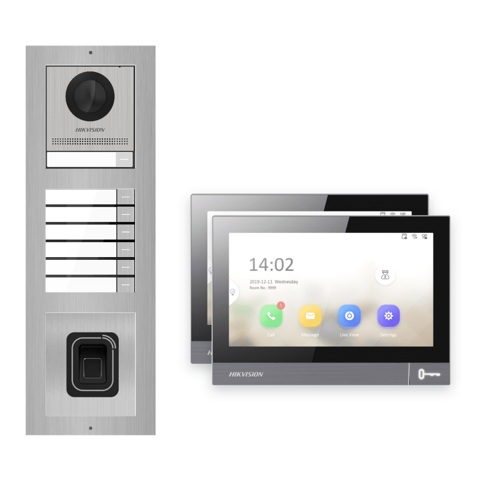 IP-PoE Video-Türsprechanlage Set · 3-Modul Aufputz Edelstahl · Klingel + Fingerprint · 2× Monitor – Türstation, Innenstation und Smartphone-App