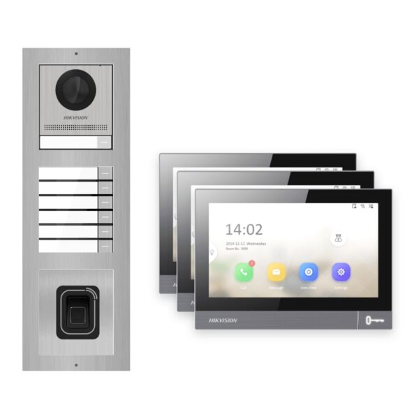 IP-PoE Video-Türsprechanlage Set · 3-Modul Aufputz Edelstahl · Klingel + Fingerprint · 3× Monitor – Türstation, Innenstation und Smartphone-App