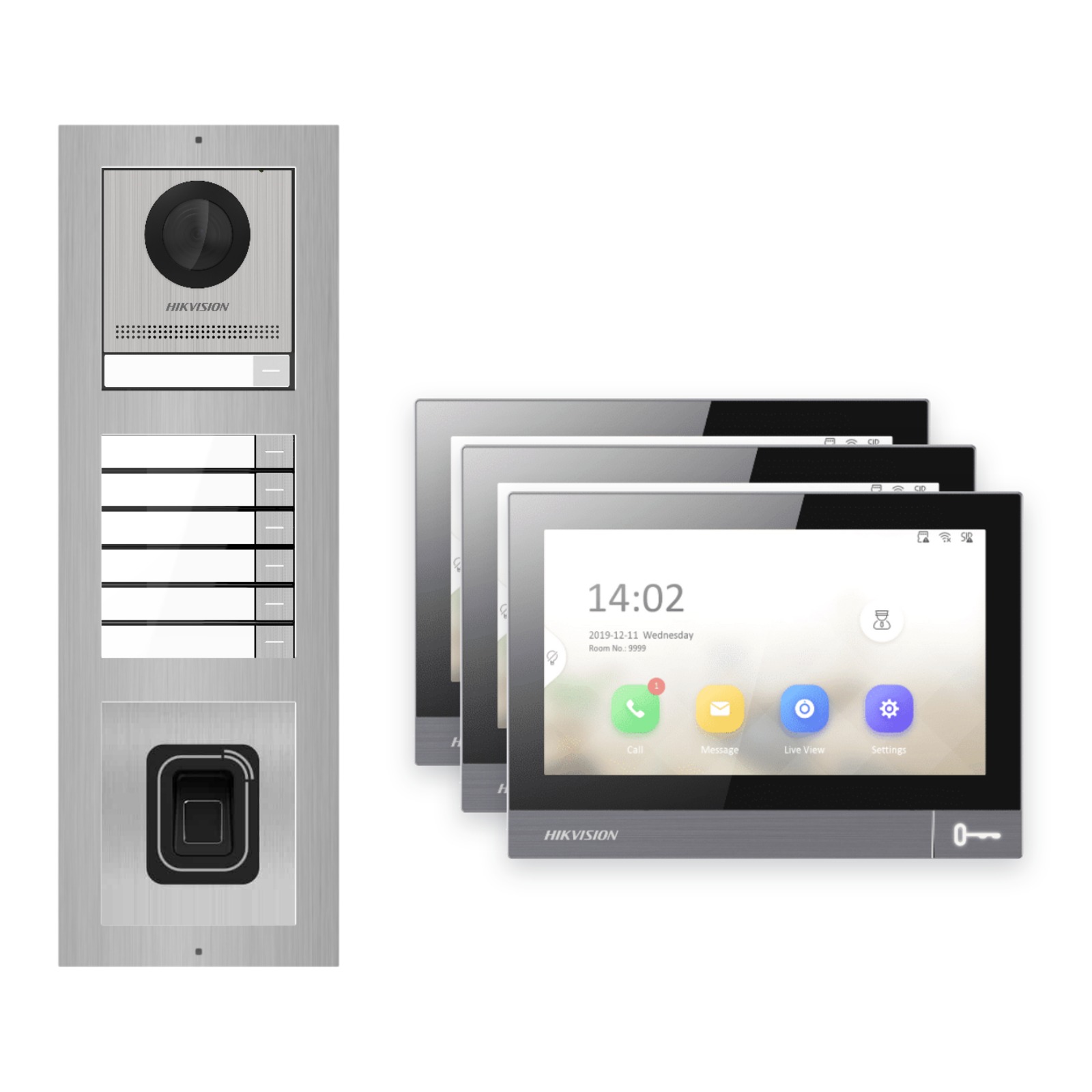 IP-PoE Video-Türsprechanlage Set · 3-Modul Aufputz Edelstahl · Klingel + Fingerprint · 3× Monitor – Türstation, Innenstation und Smartphone-App