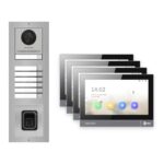 IP-PoE Video-Türsprechanlage Set · 3-Modul Aufputz Edelstahl · Klingel + Fingerprint · 4× Monitor – Türstation, Innenstation und Smartphone-App
