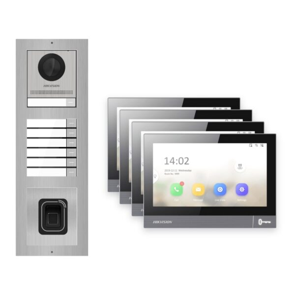 IP-PoE Video-Türsprechanlage Set · 3-Modul Aufputz Edelstahl · Klingel + Fingerprint · 4× Monitor – Türstation, Innenstation und Smartphone-App