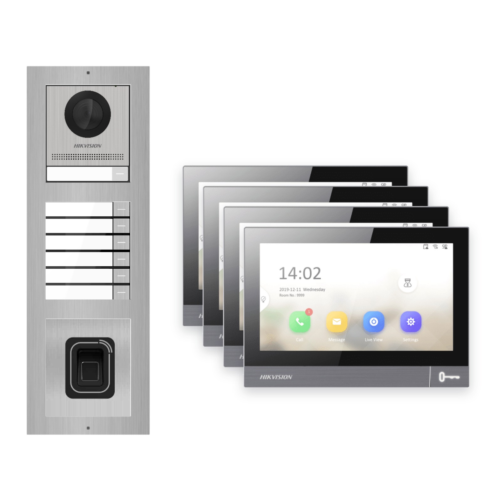 IP-PoE Video-Türsprechanlage Set · 3-Modul Aufputz Edelstahl · Klingel + Fingerprint · 4× Monitor – Türstation, Innenstation und Smartphone-App
