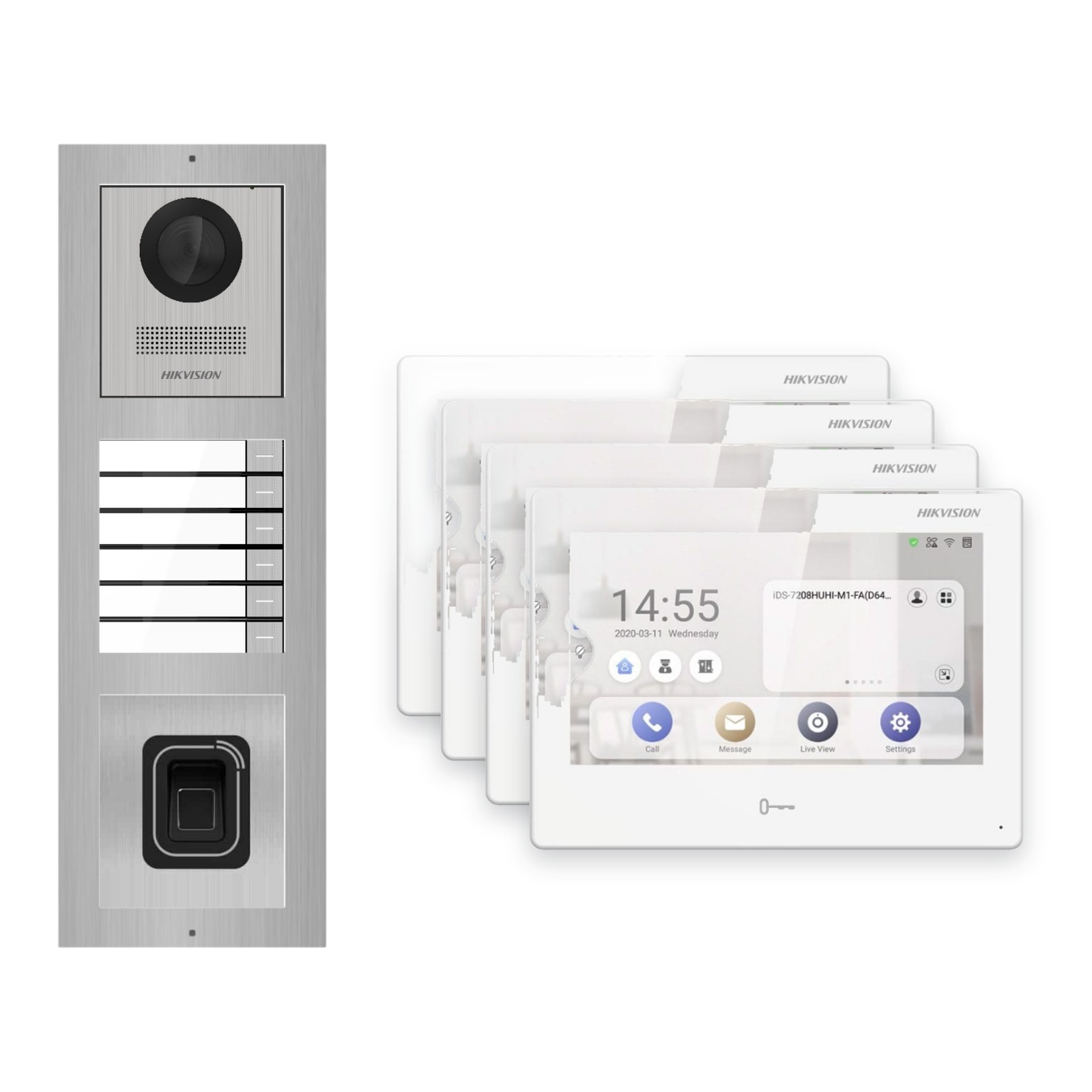 Hikvision PoE Video-Türsprechanlage 4-Familienhaus – Komplett-Set mit Fingerprint, DS-KH9310-WTE1(B), Aufputz Hikvision PoE Video-Türsprechanlage 4-Familienhaus – Komplett-Set mit Fingerprint, DS-KH9310-WTE1(B), Aufputz – Türstation und Innenstation