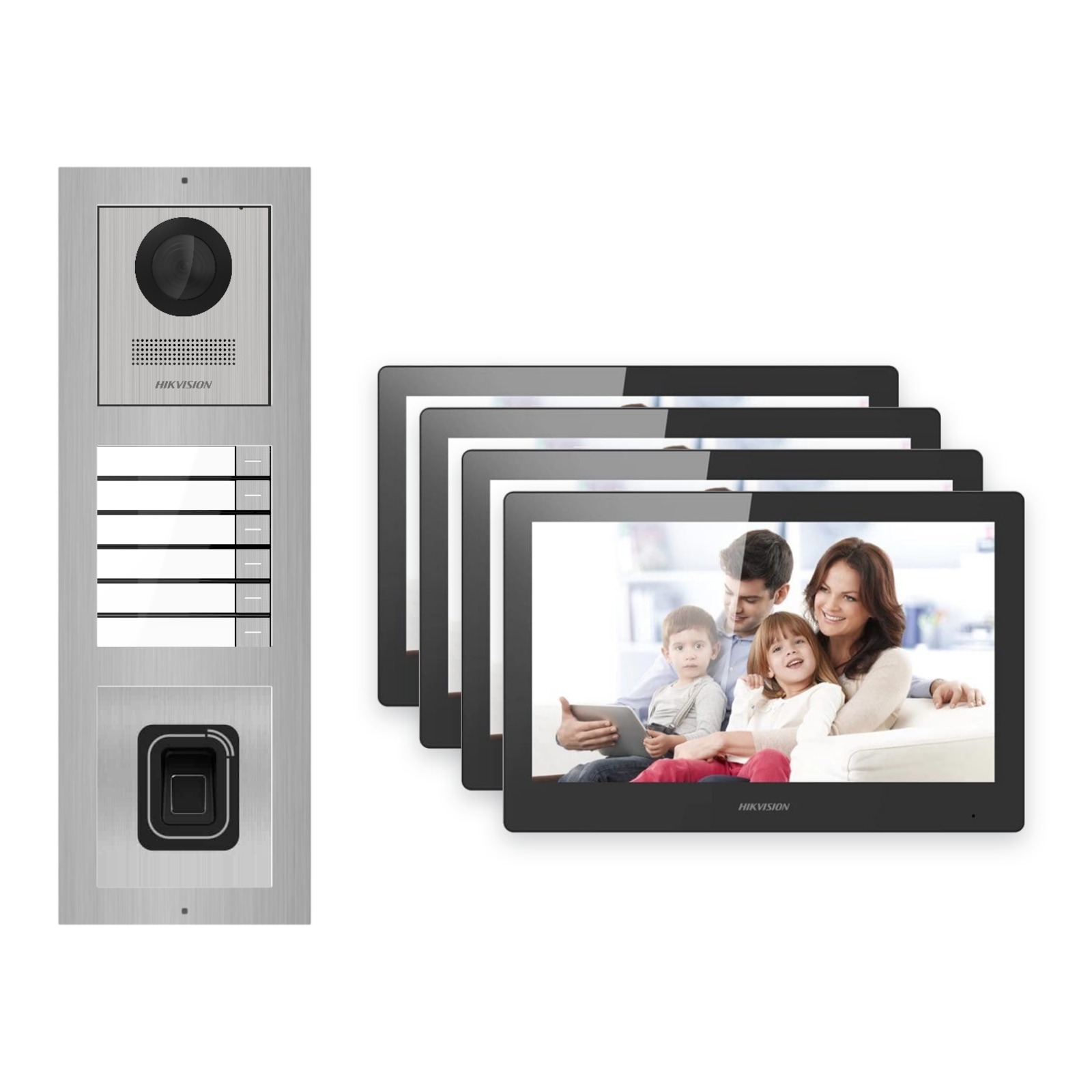 Hikvision PoE Video-Türsprechanlage 4-Familienhaus – Komplett-Set mit Fingerprint, DS-KH8520-WTE1, Aufputz Hikvision PoE Video-Türsprechanlage 4-Familienhaus – Komplett-Set mit Fingerprint, DS-KH8520-WTE1, Aufputz – Türstation und Innenstation