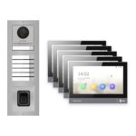IP-PoE Video-Türsprechanlage Set · 3-Modul Aufputz Edelstahl · Klingel + Fingerprint · 5× Monitor – Türstation, Innenstation und Smartphone-App