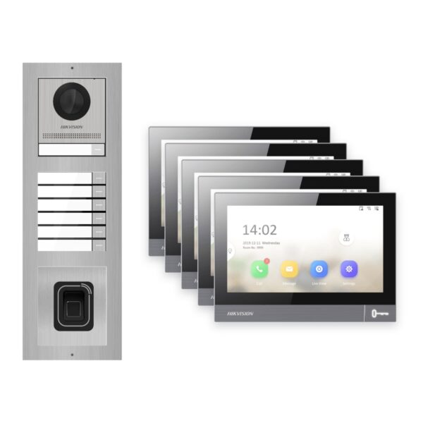IP-PoE Video-Türsprechanlage Set · 3-Modul Aufputz Edelstahl · Klingel + Fingerprint · 5× Monitor – Türstation, Innenstation und Smartphone-App