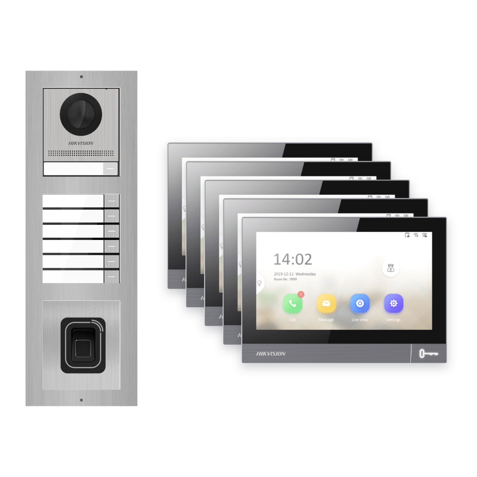 IP-PoE Video-Türsprechanlage Set · 3-Modul Aufputz Edelstahl · Klingel + Fingerprint · 5× Monitor – Türstation, Innenstation und Smartphone-App