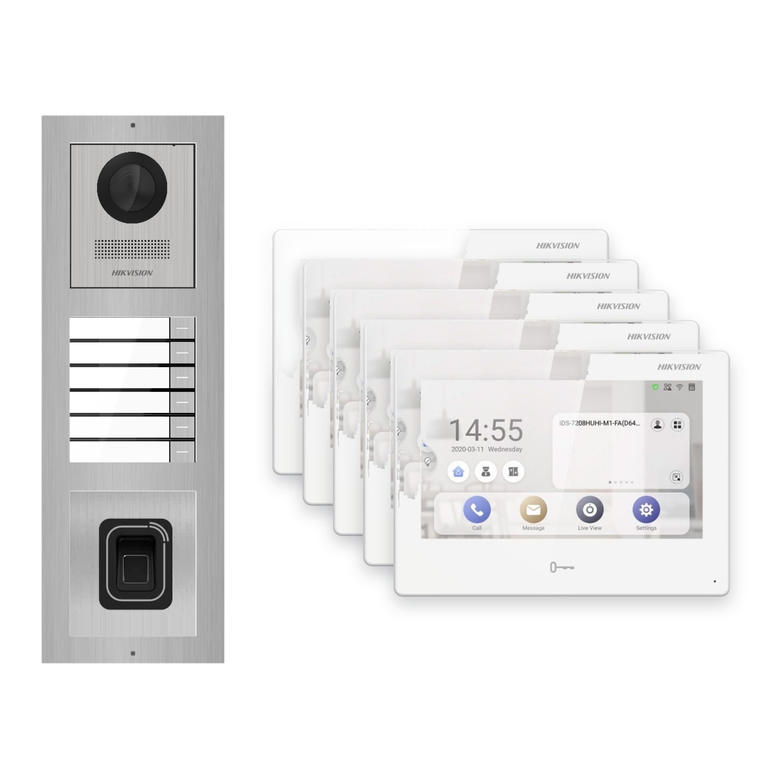 Hikvision PoE Video-Türsprechanlage 5-Familienhaus – Komplett-Set mit Fingerprint, DS-KH9310-WTE1(B), Aufputz Hikvision PoE Video-Türsprechanlage 5-Familienhaus – Komplett-Set mit Fingerprint, DS-KH9310-WTE1(B), Aufputz – Türstation und Innenstation