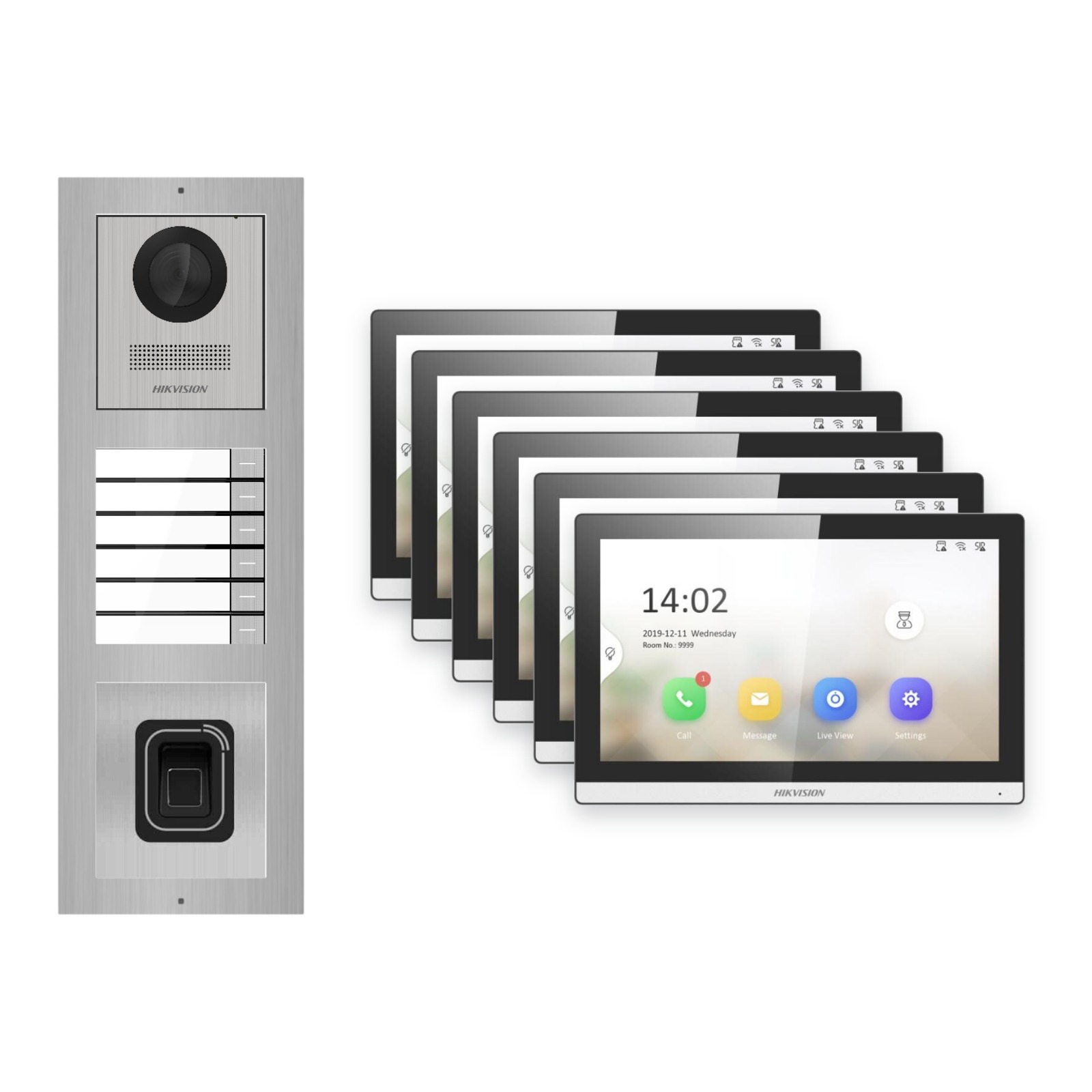 Hikvision PoE Video-Türsprechanlage 6-Familienhaus – Komplett-Set mit Fingerprint, DS-KH6350-WTE1, Aufputz Hikvision PoE Video-Türsprechanlage 6-Familienhaus – Komplett-Set mit Fingerprint, DS-KH6350-WTE1, Aufputz – Türstation und Innenstation