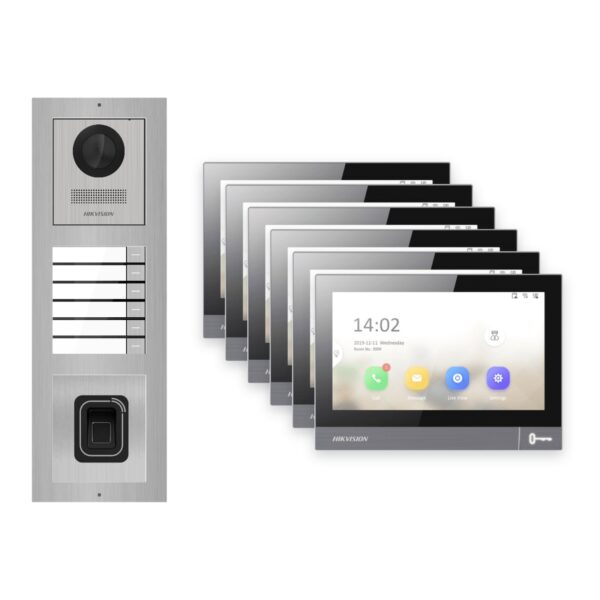 Hikvision PoE Video-Türsprechanlage 6-Familienhaus – Komplett-Set mit Fingerprint, DS-KH8381-WTE1, Aufputz – Türstation und Innenstation
